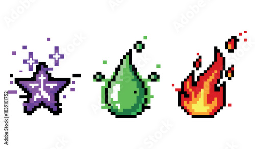 Pixel art elements: magic star, water drop, and fire flame icons