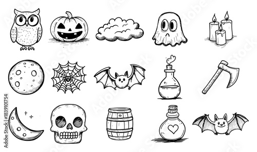 Halloween hand drawn icon set featuring pumpkin ghost skull and bat spooky doodle vector collection
