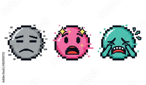 Pixel art emoticons displaying sadness, shock, and crying expressions
