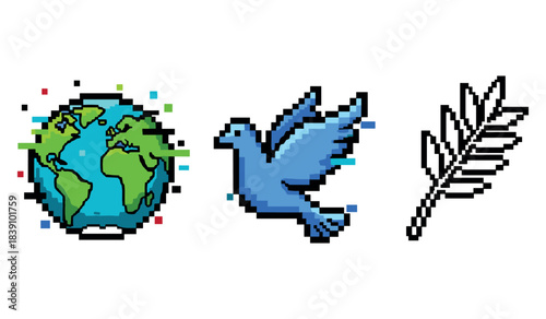 Pixel art: earth, dove, and olive branch symbols for peace