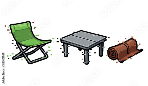 Outdoor camping gear: foldable chair, portable table, rolled sleeping bag