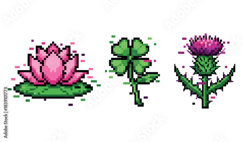 Pixel art icons: lotus flower, four-leaf clover, and thistle
