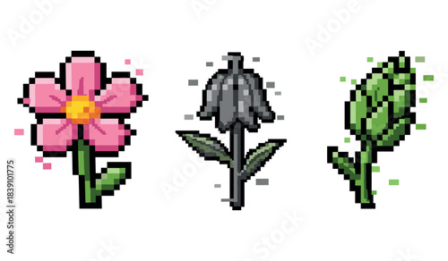 Pixel art flowers: colorful, black, and bud designs with retro style