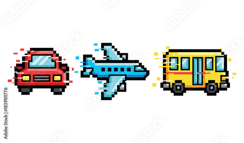 Pixel art vehicles: red car, blue airplane, yellow bus