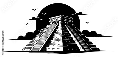 Ancient Mayan pyramid temple silhouette landscape with sun and clouds