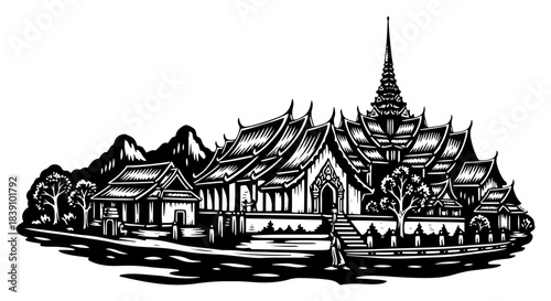 Asian temple landscape vector illustration in woodcut style showing buddhist palace and nature scenery