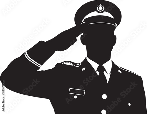 Silhouette of soldier saluting on white background Keywords: soldier, silhouette, salute