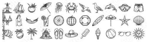 Summer beach vacation icon set featuring sea animals palm trees and holiday objects in sketch style vector collection