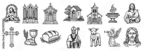 Christian Religious Symbols Vector Set Featuring Jesus Church Cross and Holy Elements in Vintage Woodcut Style