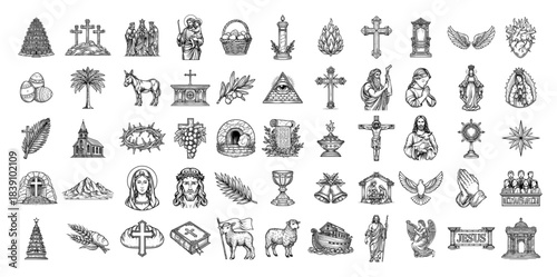 Large Collection of Biblical and Christian Vector Icons Hand Drawn Religious Symbols and Sketches of Holy Items