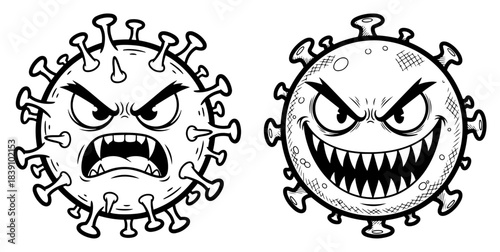 Angry Cartoon Virus Characters Vector Illustration of Scary Coronavirus Mascots with Evil Faces