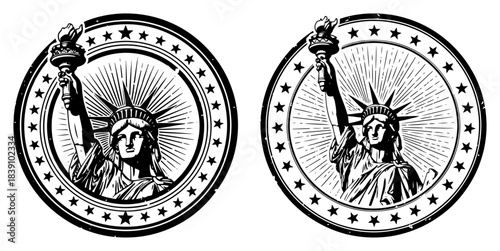 Statue of Liberty vintage round stamp vector illustration american symbol of freedom and independence emblem with stars