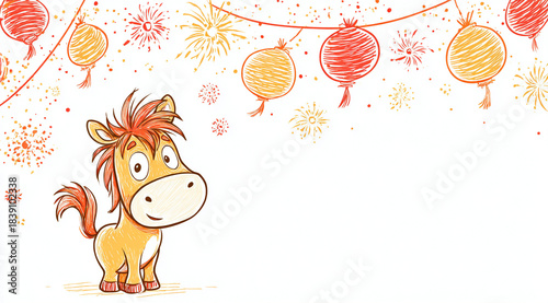 Cartoon postcard with a picture of a horse and Chinese lanterns. Happy New year to the horse!.