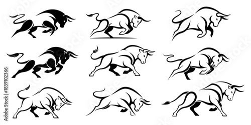 Set of aggressive bull silhouette logos vector illustration collection of strong running taurus icons for mascot or sport team design