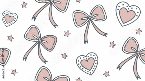 Ribbon bows and heart tags repeating across clean white background