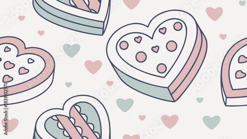Candy heart motifs with short love words, pastel color palette, seamless vector