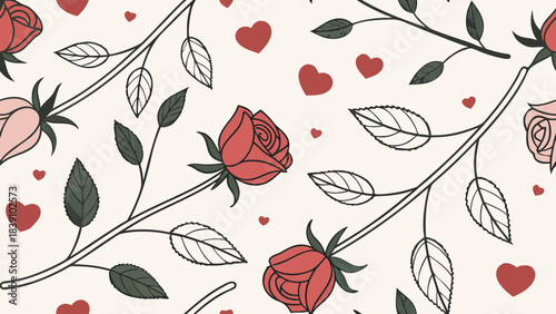 Romantic roses and hearts combined in simple vector style, seamless pattern