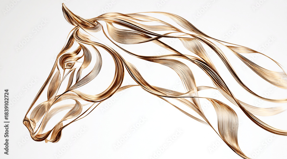 Fototapeta premium Linear drawing of a golden horse on a white background. Chinese New Year of the Horse 2026