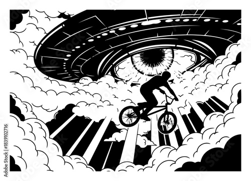Surreal vector illustration of bmx cyclist riding in clouds under giant ufo spaceship with big eye alien abduction concept in comic style