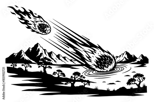 Meteorite Crash in Mountain Landscape Vector Illustration of Falling Asteroid Fireball with Smoke Trail