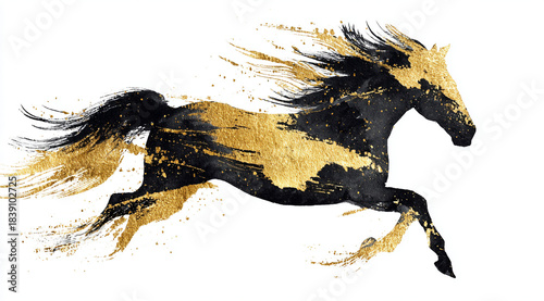 golden brushstroke horse, Chinese calligraphy fusion, Chinese new year style. negative space.