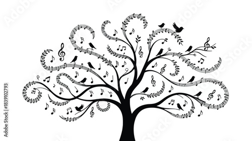 Whimsical black and white tree illustration with branches intricately designed as musical staves and notes, adorned with various birds, symbolizing nature harmony and melody