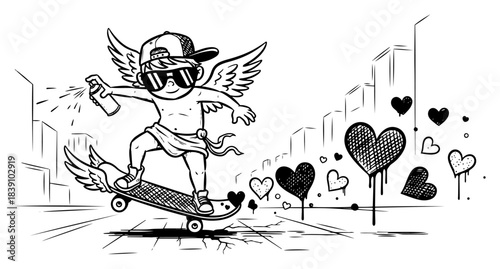 Cool cupid riding skateboard and spraying graffiti hearts vector illustration of urban street art style angel