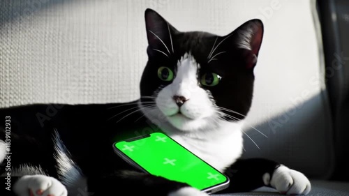 Cute 3D Cat Holding Smartphone – Funny Relaxing Cartoon Cat with Green Screen Phone Mockup