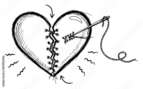 Hand Drawn Mended Heart Vector Illustration of Broken Love Symbol Being Sewn with Needle and Thread