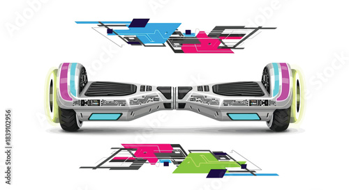 Futuristic hoverboard design with vibrant colors and modern technology for personal transportation.