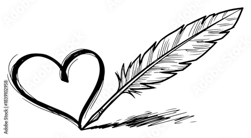 Feather Quill Pen Drawing a Heart Shape Vector Sketch Concept for Romantic Writing and Poetry