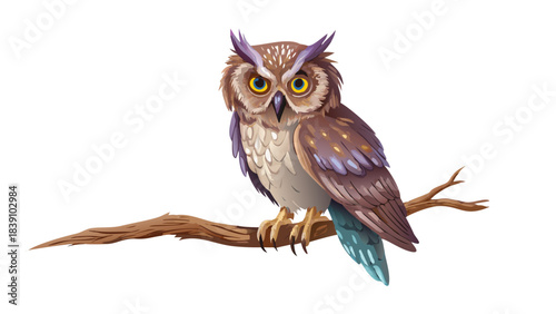 Illustration of a Wise Owl Perched on a Tree Branch with Purple Accents