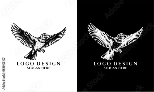 Detailed monochrome flying owl logo with spread wings illustration.