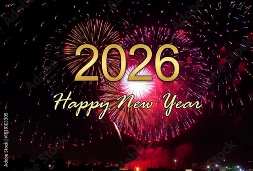 happy new year, new year 2026, 2026 celebration, new year background, fireworks, gold fireworks, festive lights, holiday greeting, celebration background, party celebration, golden numbers, typography