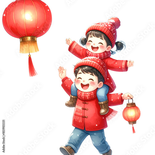 Happy Chinese New Year kids piggyback red lanterns.