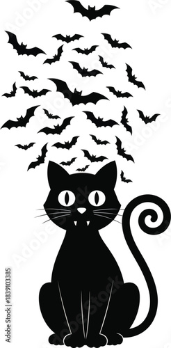 Black Cat with Flying Bats Vector