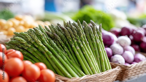 Fresh green asparagus arranged in a woven basket, surrounded by vibrant tomatoes, purple onions, and assorted vegetables, showcasing a colorful market display of healthy produce