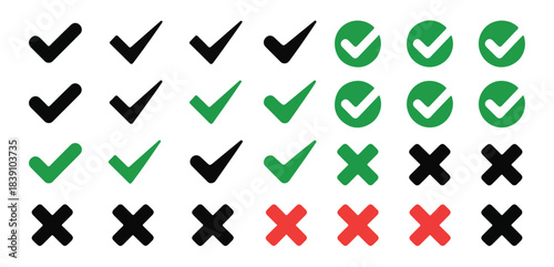 Check marks and cross icons set. Green, red, and black tick and X symbols.

