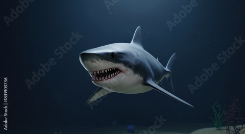 Wallpaper Mural Menacing Great White Shark portrait swimming in the depths of a deep blue ocean Torontodigital.ca