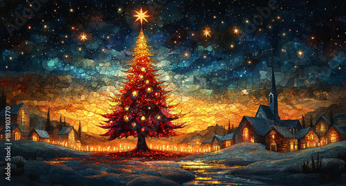 Luminous Christmas Tree in Mosaic Over Forest and Village at Dusk