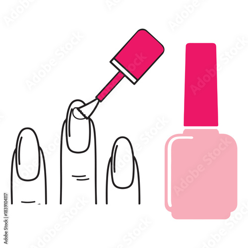 This vector illustration features a clean and minimal line-art depiction of a manicure process, showing fingernails being painted with bright pink nail polish. The set includes a nail polish bottle