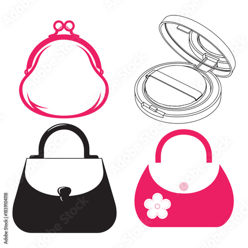 This vector illustration set features a collection of stylish beauty and fashion accessories, including elegant handbags, a compact makeup case, and a classic coin purse. Designed in a clean minimal