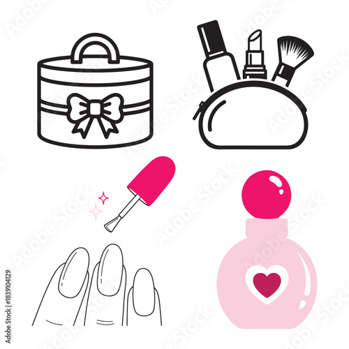 This vector illustration set showcases a collection of elegant beauty and cosmetic-themed elements, including a makeup case with a bow, a cosmetic pouch filled with makeup essentials,