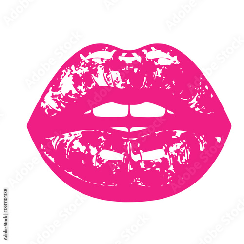 This vector graphic features bold, glossy pink lips with a textured shine effect, creating a striking and modern pop-art style look. The vibrant lip illustration is perfect for fashion branding,