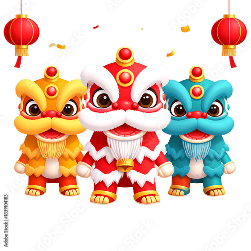 Chinese Lion Dance Figurines with Lanterns.