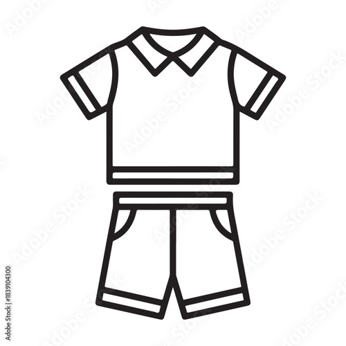 This vector illustration showcases a simple and clean outline of a children's outfit, featuring a short-sleeve collared shirt paired with matching shorts. The minimal line-art style makes it perfect 