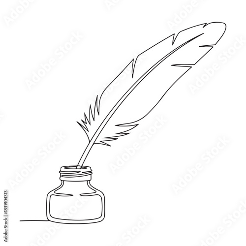 This elegant line-art illustration features a classic quill pen resting inside an ink bottle, drawn with clean, continuous strokes. The minimalist style captures a vintage writing aesthetic,