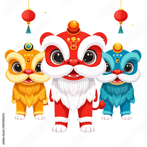 Chinese lion dance characters red blue gold.