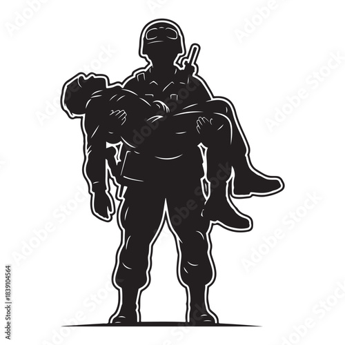 This powerful black-and-white silhouette illustration depicts a soldier carrying an injured comrade in his arms. The bold outlines and dramatic contrast emphasize heroism, sacrifice, and teamwork, 