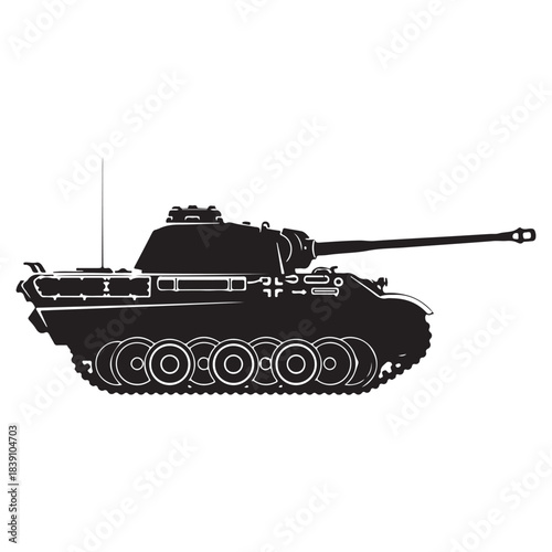 This is a black silhouette illustration of a military tank, featuring detailed tracks, a long barrel, and a compact armored body. The side-profile design highlights the tank’s turret, wheels,